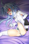  ahoge bed_sheet blanc blue_hair blush breasts commentary_request elbow_gloves gloves glowing glowing_eyes kamia_(not_found) leotard leotard_aside looking_at_viewer lying neptune_(series) no_panties on_side open_mouth petite power_symbol pussy pussy_juice red_eyes skin_tight small_breasts solo spread_legs sweatdrop thighhighs uncensored white_heart 