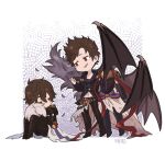  1boy ahoge armor bat_wings belial_(granblue_fantasy) belt boots brown_hair cape chibi commentary commentary_request decapitation disembodied_head elbow_gloves evil_grin evil_smile feather_boa fingerless_gloves gloves granblue_fantasy grin gucha_(netsu) high_heel_boots high_heels holding_hands holding_head hood hood_down lucifer_(shingeki_no_bahamut) male_focus messy_hair midriff patterned_background red_eyes red_ribbon ribbon sandalphon_(granblue_fantasy) severed_head short_hair smile smug spoilers white_cape white_hair wings 