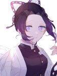  1girl animal_print black_hair butterfly_hair_ornament butterfly_print closed_mouth demon_slayer_uniform hair_ornament haori jacket japanese_clothes kimetsu_no_yaiba kochou_shinobu looking_to_the_side multicolored_hair parted_bangs purple_eyes purple_hair short_hair solo two-tone_hair user_xacz3558 white_background 