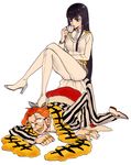  1girl bad_id bad_pixiv_id black_hair cup dongom glasses gold_teeth jewelry kill_la_kill kiryuuin_satsuki long_hair orange_hair ring romaji short_hair sitting sitting_on_person takarada_kaneo 