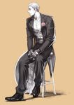  corsage fingerless_gloves formal gloves hak_kun highres male_focus marvel shield sitting solo spot_color steve_rogers stool suit 