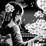  1girl bow cherry_blossoms commentary ears_visible_through_hair falling_petals flower greyscale hair_flower hair_ornament japanese_clothes kimono long_hair looking_at_object monochrome original outdoors petals pixel_art profile solo upper_body viino_hamu86 wide_sleeves 