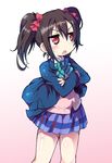  angry black_hair blazer bow crossed_arms d: jacket kanibasami love_live! love_live!_school_idol_project open_mouth otonokizaka_school_uniform pleated_skirt red_eyes school_uniform simple_background skirt solo tsundere twintails v-shaped_eyebrows yazawa_nico 