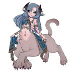  1girl :&lt; animal_ears arabian_clothes armlet bangle black_sclera blue_eyes blue_hair bracelet brown_fur cat_tail centauroid claws closed_mouth colored_sclera extra_arms fang fang_out flower full_body hair_flower hair_ornament hand_up highres horn_ornament horns jewelry long_hair looking_at_viewer monster_girl mr.myura original pink_flower simple_background sitting solo tail taur white_background 