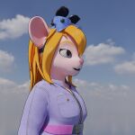 3d_(artwork) anthro blender_(software) blonde_hair blue_eyes chip_&#039;n_dale_rescue_rangers clothing digital_media_(artwork) disney doublestuffed eyewear_on_head female gadget_hackwrench hair hi_res long_hair mammal mouse murid murine pink_nose purple_clothing rodent solo