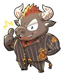  1boy ^^^ ^_^ animal_ears bara black_necktie blush brown_fur chibi closed_eyes collared_shirt cow_ears cow_horns cow_tail facial_hair full_body furry furry_male goatee gyumao_(housamo) highres horns male_focus mature_male minotaur mohawk muscular muscular_male necktie open_mouth red_hair red_shirt scar scar_on_face scar_on_nose shirt short_hair simple_background smile solo striped_clothes striped_vest stubble tail thick_eyebrows thumbs_up tokyo_afterschool_summoners vertical-striped_clothes vertical-striped_vest vest white_background yakiemon 
