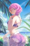  1girl absurdres alisa_boskonovich ass beach bikini cloud cloudy_sky from_behind green_eyes highres lag_(wo76_a) medium_hair ocean outdoors palm_tree pink_hair purple_bikini see-through see-through_skirt skirt sky solo swimsuit tekken tree 