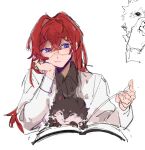  1girl ange_katrina animalization black_shirt blue_eyes book chinese_commentary coat commentary_request dog flower glasses hair_intakes highres inui_toko lab_coat lingyi long_hair long_sleeves nijisanji pink_flower red_hair shirt smile solo upper_body virtual_youtuber white_coat 