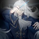  1boy argalia_(project_moon) ascot blue_cape blue_eyes blue_jacket cape collared_cape conductor_baton floating_hair gold_trim hand_up highres holding_baton jacket library_of_ruina long_hair male_focus parted_lips project_moon shanhujiao smile solo very_long_hair white_ascot white_hair 