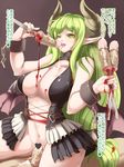  1boy 1girl blood breasts castration cbt check_translation demon_girl demon_wings femdom green_hair guro horns pointy_ears severed_penis wings 