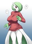  :o ? alternate_breast_size breasts gardevoir gen_3_pokemon green_hair hair_over_one_eye highres impossible_clothes impossible_sweater jadf large_breasts pokemon pokemon_(creature) red_eyes ribbed_sweater short_hair solo sweater thighs 