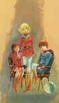  1970s_(style) 1980s_(style) 1boy 2girls amuro_ray blonde_hair boots brown_hair chair concept_art earth_federation fraw_bow gundam haro highres looking_at_viewer military military_uniform mobile_suit_gundam multiple_girls painting_(medium) production_art retro_artstyle robot sayla_mass scan scarf signature sitting traditional_media uniform yasuhiko_yoshikazu 