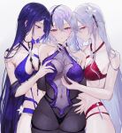  3girls absurdres acheron_(honkai:_star_rail) arms_behind_back bare_shoulders black_swan_(honkai:_star_rail) blush bra breasts cleavage collarbone covered_navel gradient_background highres honkai:_star_rail honkai_(series) large_breasts lingerie long_hair looking_at_viewer multiple_girls panties parted_lips purple_bra purple_eyes purple_hair purple_panties qiandaiyiyu red_bra red_eyes red_panties sideways_glance simple_background underwear yuri 