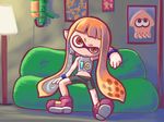  1girl couch domino_mask female green_upholstery inkling long_hair mask midriff navel nintendo orange_eyes orange_hair shorts sitting smile solo splatoon tentacle_hair twintails wristband 