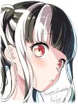  1girl absurdres bang_dream! black_hair blunt_bangs character_name close-up commentary cropped_head dated from_side happy_birthday highres light_blush long_hair looking_at_viewer multicolored_hair nobusawa_osamu nyubara_reona parted_lips red_eyes sidelocks simple_background solo twintails two-tone_hair white_background white_hair 