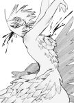 1girl arms_up bleeding blood breasts dungeon_meshi falin_thorden_(chimera) feathered_wings feathers greyscale highres injury korean_commentary looking_at_viewer medium_breasts monochrome monster_girl nude short_hair simple_background spoilers sun_2g taur upper_body white_background wings 