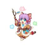  1girl :3 animal_ears barefoot blue_eyes bow brown_coat brown_pants cat_ears cat_girl cat_tail charm_(object) chibi coat fang fish_charm full_body fur_coat furry furry_female ghost hair_between_eyes hairband holding holding_wand jewelry long_sleeves looking_at_viewer magatama magatama_necklace magic medium_bangs necklace official_art open_mouth pants pouch purple_hair ragnarok_online red_bow red_hairband short_hair simple_background smile solo spirit_handler_(ragnarok_online) standing tachi-e tail tail_bow tail_ornament transparent_background walking wand yuichirou 