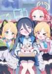  &lt;key&gt;_(robot)_(blue_archive) 4girls absurdly_long_hair absurdres animal_ear_headphones animal_ears aris_(blue_archive) black_hair black_hairband blonde_hair blue_archive blue_eyes blue_necktie bow cake closed_eyes collared_shirt commentary facing_viewer fake_animal_ears food game_development_department_(blue_archive) green_bow green_eyes green_halo hair_bow hairband halo headphones highres hyemong indoors jacket long_hair long_sleeves looking_at_viewer midori_(blue_archive) momoi_(blue_archive) multiple_girls necktie one_eye_closed one_side_up open_clothes open_jacket open_mouth pink_halo red_bow red_eyes red_hair shirt short_hair siblings sisters sitting smile symbol-only_commentary twins v very_long_hair white_jacket white_shirt yellow_halo yuzu_(blue_archive) 