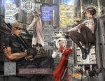  2girls ammunition black_legwear bodysuit capelet cartridge clenched_teeth cyberpunk dead_drive glasses glint gun halo hat highres holding holding_gun holding_weapon lock machinery mecha mouth_hold multiple_boys multiple_girls muscle open_mouth pantyhose pom_pom_(clothes) rifle santa_costume shirou_masamune sitting suitcase sunglasses tate_eboshi tattoo teeth terminal thighs translation_request uniform weapon 