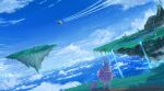  1boy above_clouds aircraft airship alfador black_cat castle cat chrono_trigger cloud commentary_request fantasy floating_island grass highres janus_zeal male_focus mountain ocean outdoors photoshop_(medium) santo_moco scenery sky standing water waterfall 