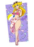  1girl ball beachball bikini blonde_hair blue_eyes breasts crystal_earrings earrings highres jewelry lipstick makeup mario_(series) medium_breasts navel pink_bikini pink_lips princess_peach sandals sketchytodd sunglasses swimsuit 