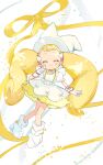  1girl blonde_hair boots closed_eyes closed_mouth dress facing_viewer finger_to_cheek full_body gloves guu_(oyasumi_gu) hand_up highres long_hair magical_girl makihatayama_hana ojamajo_doremi pointy_footwear pointy_hat puffy_short_sleeves puffy_sleeves ribbon short_sleeves smile solo standing twintails very_long_hair white_background white_dress white_footwear white_gloves white_hat wing_hair_ornament yellow_ribbon 