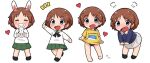  1girl angry animal_ears blue_eyes blush brown_hair chibi closed_eyes full_body girls_und_panzer heart multiple_views nekopantsu_(blt) ooarai_military_uniform ooarai_school_uniform open_mouth rabbit rabbit_ears sakaguchi_karina school_uniform shirt short_hair smile swimsuit swimsuit_under_clothes t-shirt 