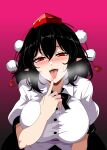  1girl absurdres black_hair blush commentary_request gradient_background half-closed_eyes hat highres looking_at_viewer pointy_ears pom_pom_(clothes) red_background red_eyes shameimaru_aya short_hair short_sleeves solo ssaf52913778 sweat tokin_hat tongue tongue_out touhou upper_body 