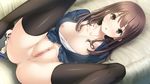  1girl areolae ass bed black_legwear blush breasts brown_eyes brown_hair censored game_cg haru_kiss highres large_breasts legs long_hair looking_at_viewer lying mikoto_akemi navel nipples no_panties pussy shiraishi_aoi solo spread_legs thighs 