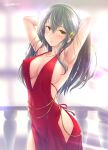  1girl armpits arms_behind_head black_hair blush breasts cowboy_shot day dress hair_between_eyes hair_ornament hairband hairclip hands_in_hair haruna_(kancolle) jewelry kantai_collection large_breasts long_hair looking_at_viewer necklace open_mouth outdoors red_dress ryu-akt sideboob signature sleeveless sleeveless_dress solo white_hairband yellow_eyes 