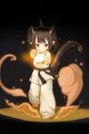  1girl absurdres ahoge barefoot belt black_background black_belt black_hair casting_spell closed_mouth commentary_request dougi dragon_girl dust full_body glowing highres horns kuma-bound martial_arts_belt medium_hair original pants red_eyes simple_background solo standing toes twintails v-shaped_eyebrows white_pants 