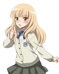  alternate_costume blonde_hair blush cardigan eyebrows glasses kaneko_(novram58) long_hair long_sleeves open_mouth perrine_h_clostermann pleated_skirt ribbon school_uniform skirt solo strike_witches world_witches_series yellow_eyes 