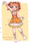  1girl blue_eyes blush boots dated dress full_body happy_birthday highres idolmaster idolmaster_(classic) looking_at_viewer open_mouth orange_dress orange_hair royama_(amk_69u) smile solo takatsuki_yayoi twintails waving 