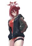  1girl black_jacket blue_archive character_request cherry_blossom_print china_dress chinese_clothes dress floral_print hair_bun halo highres jacket looking_at_viewer open_clothes red_eyes red_hair red_halo rkin single_hair_bun solo thigh_strap 