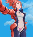  aida_rayhunton aqua_eyes bodysuit breasts cloud covered_navel day gundam gundam_g_no_reconguista kemi_(kemi433) large_breasts long_hair pilot_suit red_hair sky solo tied_hair unzipped 