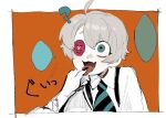  1boy ? ahoge black_nails blank_speech_bubble blue_eyes blue_necktie button_eyes collared_shirt commentary_request disembodied_limb fang fingernails grey_hair hand_in_another&#039;s_mouth hand_up long_sleeves looking_at_viewer maddy_(minai_mosa) male_focus minai_mosa necktie open_mouth orange_background original sharp_fingernails shirt short_hair simple_background skin_fang solo_focus speech_bubble striped_necktie suspenders tongue tongue_out white_shirt 