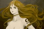  collarbone expressionless floating_hair koga lips long_hair looking_at_viewer muted_color nami_(one_piece) nude one_piece orange_eyes orange_hair parted_lips solo tattoo upper_body 