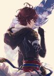  1boy ahoge armor belt bishounen breastplate brown_hair cape closed_eyes cloud cloudy_sky commentary commentary_request feathers fingerless_gloves from_side gloves granblue_fantasy hair_between_eyes highres holding holding_feather hood hood_down male_focus sandalphon_(granblue_fantasy) short_hair signature silhouette sky sumi_noth white_cape white_feathers 