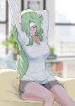  1girl absurdres adomiwan arms_up blurry blurry_background blush breasts closed_eyes commentary green_hair grey_shorts highres indoors long_hair long_sleeves medium_breasts original shirt shorts sitting solo stretching thighs very_long_hair white_shirt 