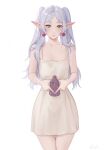  1girl absurdres bare_shoulders bottle closed_mouth collarbone dress earrings elf frieren green_eyes heart heart_earrings highres holding holding_bottle jewelry light_smile long_hair looking_at_viewer pointy_ears quilm simple_background solo sousou_no_frieren standing twintails white_background white_dress white_hair 