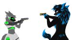 4_eyes alpha_channel anthro biped black_body black_fur black_hair blue_body blue_fur blue_hair c.a.m. canid canine canis cybernetic_arm cybernetic_hand cybernetic_limb cybernetics digital_drawing_(artwork) digital_media_(artwork) digitigrade duo duo_focus electroshock_weapon fingers fluffy fluffy_ears fluffy_tail fur glowing glowing_body glowing_eyes green_body green_eyes grenade_launcher grey_body grey_fur grey_hair group gun hair hi_res holding_object holding_weapon horn itzexelise_(jamie_the_wicker) jackal kytcrafts looking_at_another machine male male/male mammal metal metallic metallic_body military multi_eye neck_tuft prosthetic prosthetic_arm prosthetic_hand prosthetic_limb protogen protogen_armor protogen_face protogen_visor protogenized purple_eyes ranged_weapon robotic robotic_arm robotic_hand robotic_limb screen screen_face simple_background smile special_forces standing tail taser translucent transparent_background tuft weapon wickerbeast yuri_chacal