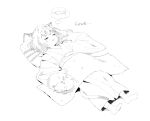  1girl animal_ears cat cat_ears cat_girl cat_tail closed_eyes dreaming facial_mark fish full_body greyscale japanese_clothes kimono lying monochrome nekopantsu_(blt) on_back original pillow short_hair simple_background sleeping socks solo tail whisker_markings 