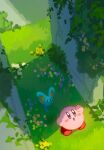  2boys aruco_co colored_skin elfilin floating from_above highres kirby kirby_(series) kirby_and_the_forgotten_land looking_up multiple_boys on_grass open_mouth pink_skin shadow standing 