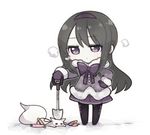  akemi_homura black_hair chibi coat fc_(efushii) gloves hairband kyubey long_hair magical_girl mahou_shoujo_madoka_magica pantyhose purple_eyes shovel simple_background white_background 