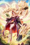  1girl bare_shoulders barefoot blonde_hair breasts byunei cleavage closed_mouth demon_girl dragon flying full_body hair_rings highres japanese_clothes jewelry kimono long_hair looking_at_viewer monster necklace nemusuke off_shoulder official_art outdoors pointy_ears romancing_saga_3 saga short_kimono solo square_enix tree 