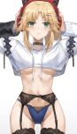  1girl animal_ear_headphones animal_ears blonde_hair blush breasts cat_ear_headphones choker crop_top crop_top_overhang fake_animal_ears fate/apocrypha fate_(series) garter_belt green_eyes headphones highres long_hair long_sleeves looking_at_viewer mordred_(fate) mordred_(fate/apocrypha) navel panties parted_bangs parted_lips ponytail sidelocks small_breasts solo thighhighs thighs tonee underboob underwear 