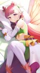  1girl absurdres closed_mouth commentary_request detached_sleeves fairy fairy_wings fire_emblem fire_emblem_heroes flower green_shirt green_skirt hair_flower hair_ornament highres ikura_(downdexp) long_hair looking_at_viewer lying midriff mirabilis_(fire_emblem) pantyhose pillow pink_hair purple_eyes shirt signature skirt smile solo stuffed_animal stuffed_rabbit stuffed_toy very_long_hair white_pantyhose white_sleeves wide_sleeves wings 