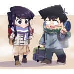  1boy 1girl absurdres artist_name backpack bag black_hair black_socks brown_footwear brown_skirt chibi commentary flower fog full_body hair_flower hair_ornament highres j_humbo jacket komi-san_wa_komyushou_desu komi_shouko long_hair long_sleeves looking_at_another no_mouth no_nose open_mouth outstretched_arm pointing pointing_at_viewer purple_eyes purple_hair scarf shoes short_hair signature simple_background skirt socks standing swept_bangs tadano_hitohito white_background winter_clothes 
