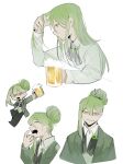  1boy absurdres alcohol ascot beeeeeebird beer beer_mug black_ascot chibi chibi_inset closed_mouth collared_shirt cup green_hair green_jacket highres holding holding_cup jacket library_of_ruina long_hair long_sleeves male_focus mug multiple_views netzach_(project_moon) open_mouth project_moon shirt simple_background smile very_long_hair white_background white_shirt yawning yellow_eyes 