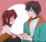  1boy 1girl ? ange_katrina animal_ears bandaid bandaid_on_face bandaid_on_hand bare_shoulders blue_eyes blue_jacket blush brown_hair chinese_commentary closed_mouth collar commentary_request dog_ears genderswap genderswap_(ftm) highres holding_hands inui_toko jacket lingyi looking_at_another multicolored_hair nijisanji parted_lips pink_background red_eyes red_hair shirt short_hair sweatdrop two-tone_hair upper_body virtual_youtuber white_background white_shirt 
